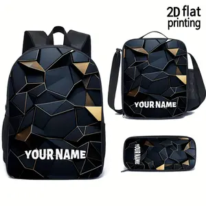 Customizable 3-Piece Student Backpack Set (Backpack, Lunch Bag, & Pencil Case) – Lightweight with Large Capacity; Features Personalized Text & Unisex Geometric Color-Block Design; A Back-to-School Essential.