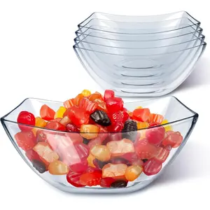 16oz Clear Plastic Serving Bowls (4 Pack) Small Disposable Candy Dishes, Square Plastic Buffet Containers for Chips, Snacks, Mints, Salad Bar, Snack Bowl Parties, Office, Bridal Shower, Party Supplies Set Hand