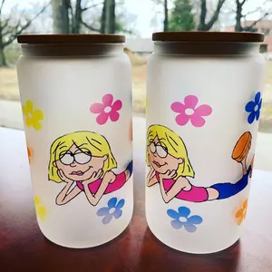 16 oz. Lizzie McGuire retro flower glass cup w/ Lid and straw
