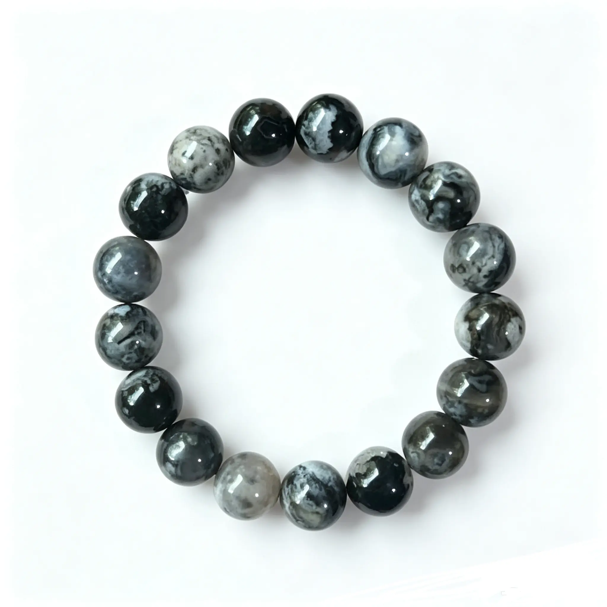 Natural 12mm Black Flower Agate Round Beaded Bracelet, Black Gray Floral Pattern Crystal Bracelet, Unisex Elastic Wrist Jewelry, Trendy Gemstone Bracelet for Daily Outfits & Gifts