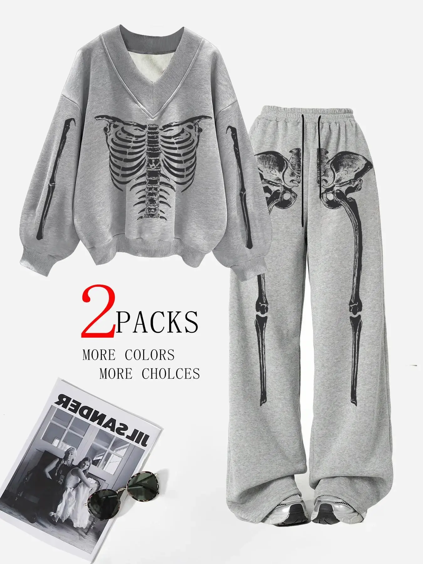 Women's Skeleton Pattern Hoodie Set, Casual Sporty Long Sweatpants, Fashionable Versatile for Daily Wear, Vacation, Party, Camping