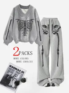 Women's Skeleton Pattern Hoodie Set, Casual Sporty Long Pants, Fashionable Versatile for Daily Wear, Vacation, Party, Camping