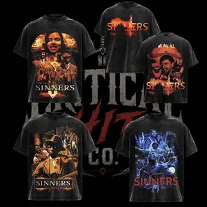 [Collection] Sinners Movie Vintage Washed Oversized T-Shirt, Horror Thriller Graphic Tee, We Are All Sinners Double Sided Shirt, Heavyweight Cotton Retro Film Streetwear, Dark Gothic Aesthetic Unisex Washed Tee, Horror Movie Fan Gift