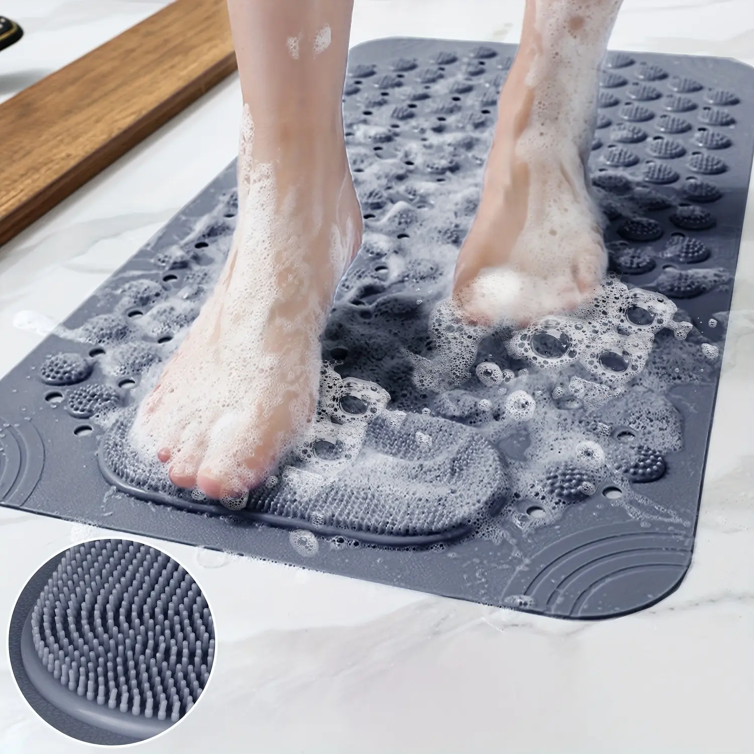 Rectangle Anti-Slipping Synthetic PVC Bath Mat - Home Bathroom Accessory with Suction Cups, Flexible, Antibacterial, Waterproof, Durable, Perforated Drainage Hole Quick-Drying Surface, Textured Massage Design