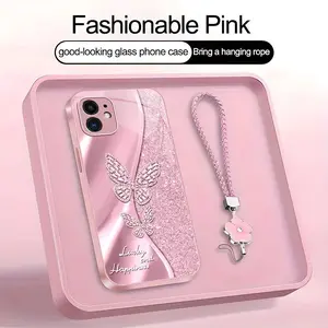 Suitable for [Galaxy S9+] high-end women's phone case🥰，a beautiful four-leaf clover lanyard is included🍀，A beautiful, sophisticated printed butterfly pattern—not sequins YM99