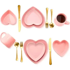14 Pcs Heart Shaped Dish Set Valentine's Day Include 4 Matte Heart Shaped Ceramic Dinner Plate, 2 Pink Bowls, 2 Ceramic Coffee Mug, 6 Gold Cutlery Set for Party(Pink)