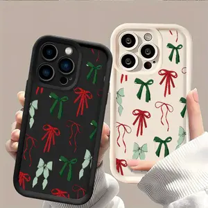Christmas Red & Green Bows Pattern Shockproof TPU Case for iPhone 17/16/15/14 PLUS/13/12/11 Pro Max Cellphone Casing Protective Smartphone Black Cover Screen Protector Cute Cat Phone Case Stylish Soft