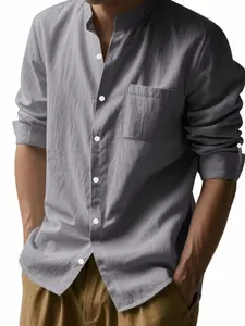 Men's Linen Long Sleeve Shirt, Casual Loose Fit Breathable Solid Color Round Neck Top, Spring Summer Business Leisure Daily Wear