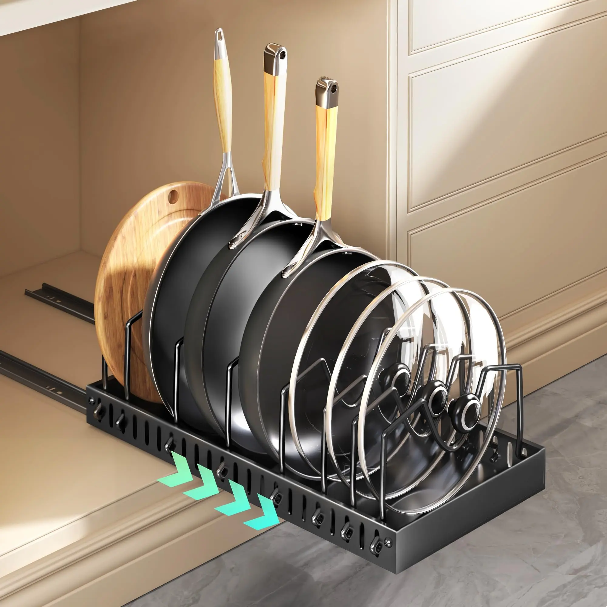 Pull Out Cabinet Organizer for Pots and Pans, Black Storage Rack with 8 Adjustable Dividers, Kitchen Countertop Lid Holder for Pot Lid, Bakeware, Dishes Storage, 2 Pack