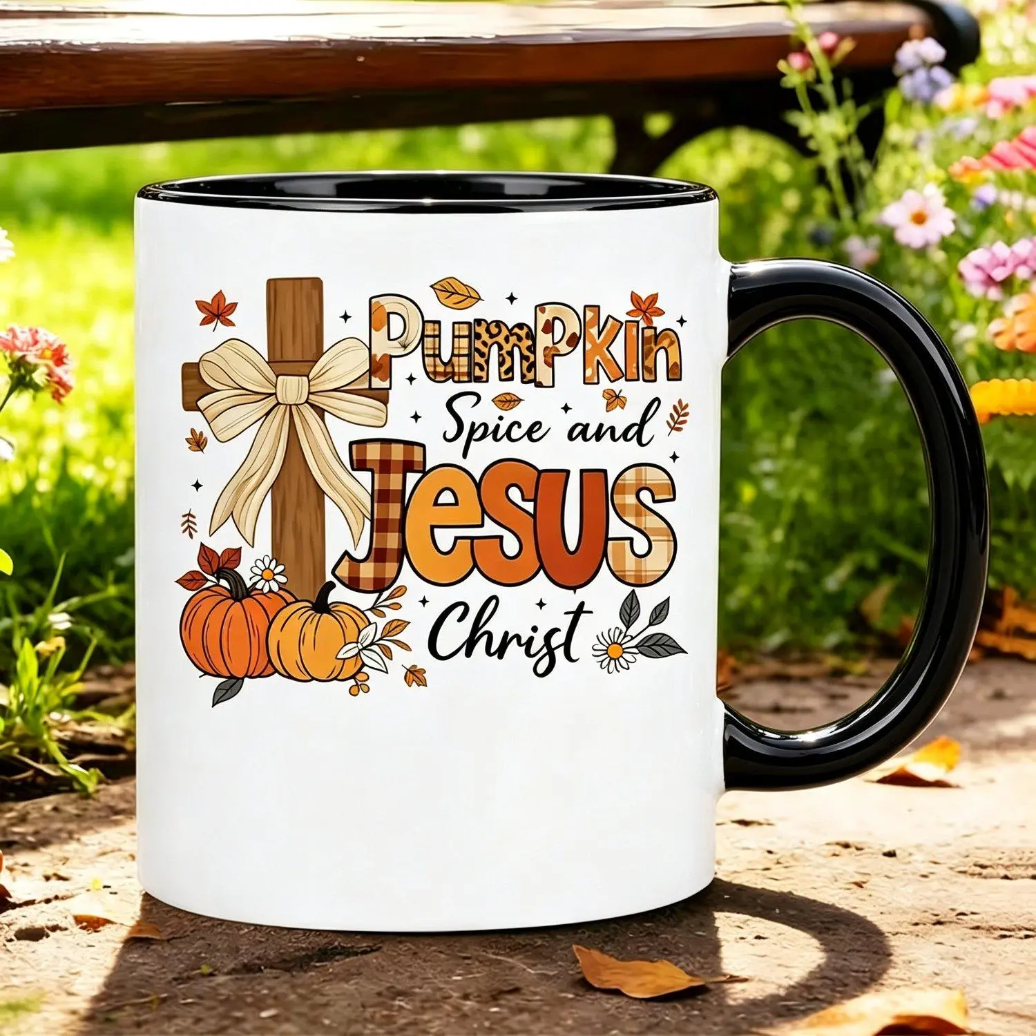 Christian Ceramic Mug with Jesus Christ Cross & Fall Floral Print Reusable Coffee Cup Suitable for Thanksgiving Easter Gifts Church Group Quotes Autumn Faith Design