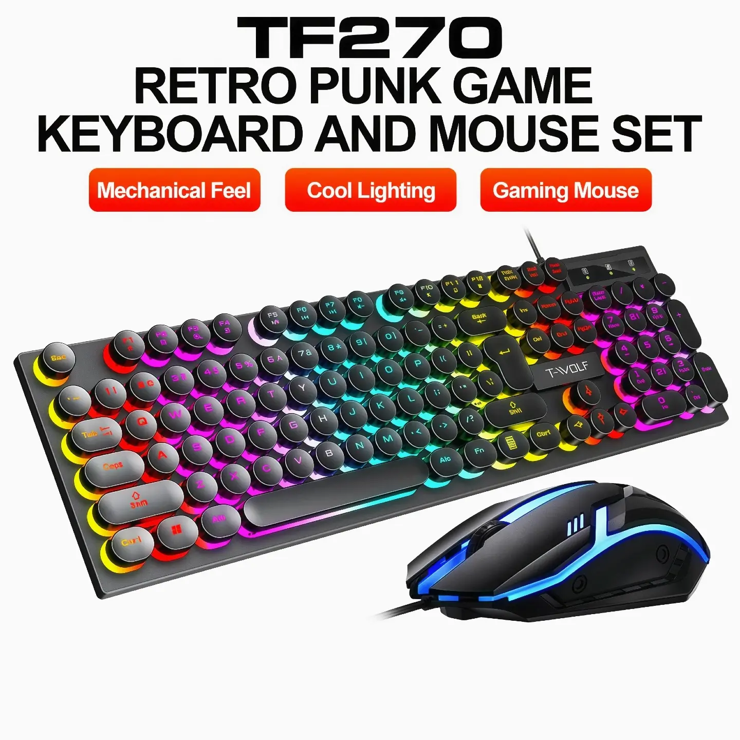 Retro Punk Wired Gaming Keyboard and Mouse Combo – RGB Backlit 104-Key Keyboard with Round Typewriter Keycaps & 3D Gaming Mouse, Mechanical Feel, Durable ABS Build, Plug-and-Play USB for PC & Laptop Cool Lighting mouse gaming mouse keyboards creamy
