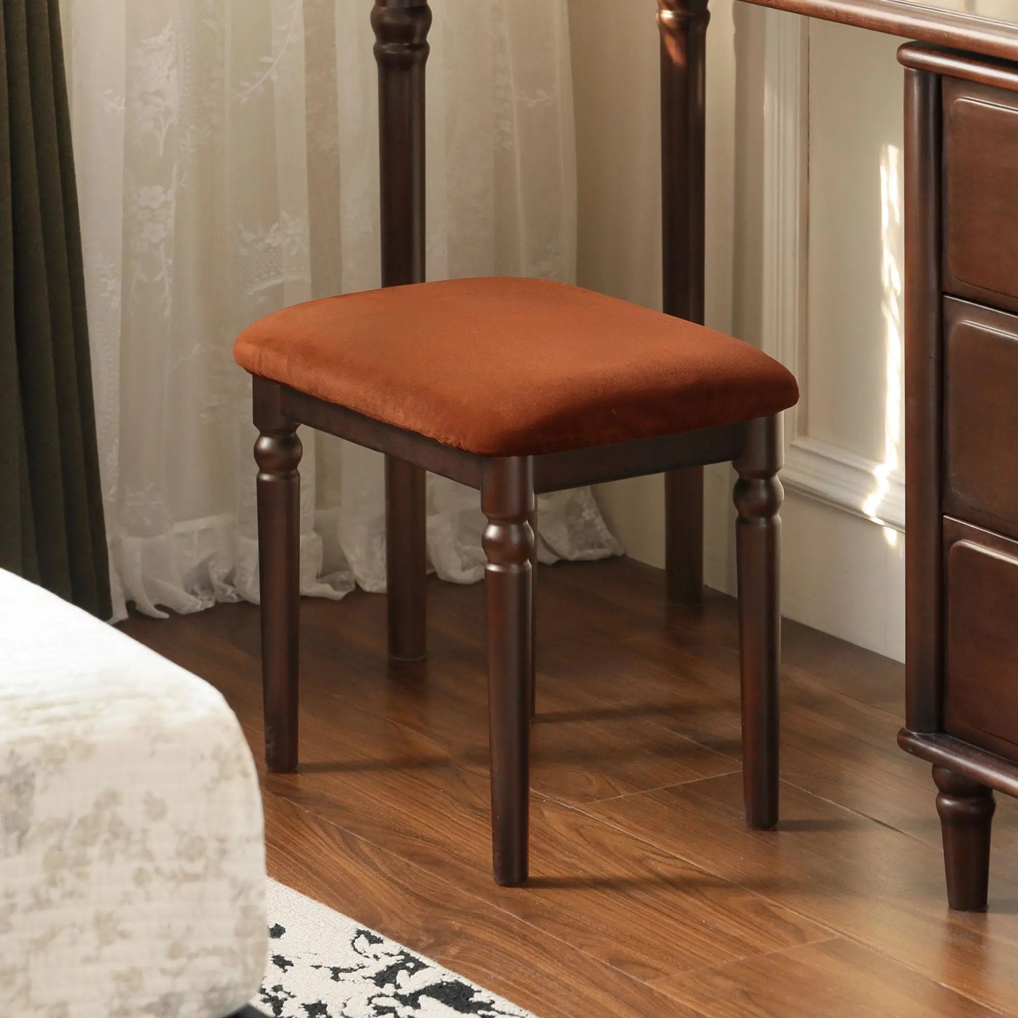 Wayshome Small Vanity Stool Chair, Beech Wood American Vintage Style Makeup Chair, Footstool for Bedroom, Dining Room, Entryway, Walnut
