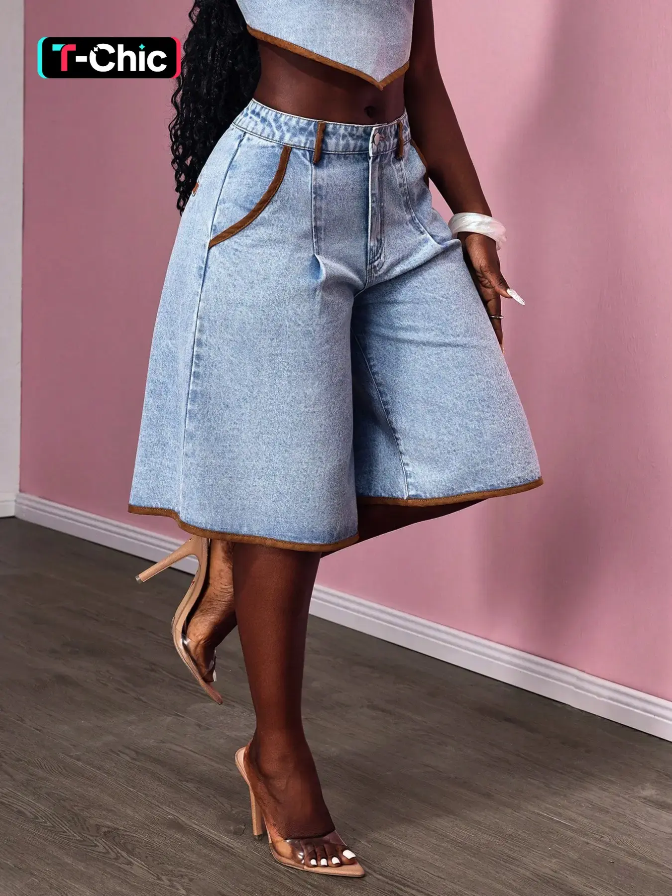 New Denim Mid-Thigh Pants Loose Casual Basic Spring Summer Everyday Wear Elastic Button Comfort Fitted Trendy Fashion Washed Craft Button Front Shorts Women's Mid-Thigh Pants Shorts