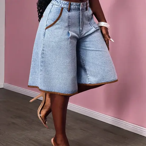 New Denim Mid-Thigh Pants Loose Casual Basic Spring Summer Everyday Wear Elastic Button Comfort Fitted Trendy Fashion Washed Craft Button Front Casual Fashionable Shorts Women's Mid-Thigh Pants Shorts