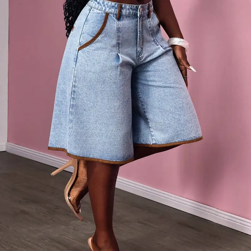 New Denim Mid-Thigh Pants Loose Casual Basic Spring Summer Everyday Wear Elastic Button Comfort Fitted Trendy Fashion Washed Craft Button Front Casual Fashionable Shorts Women's Mid-Thigh Pants Shorts