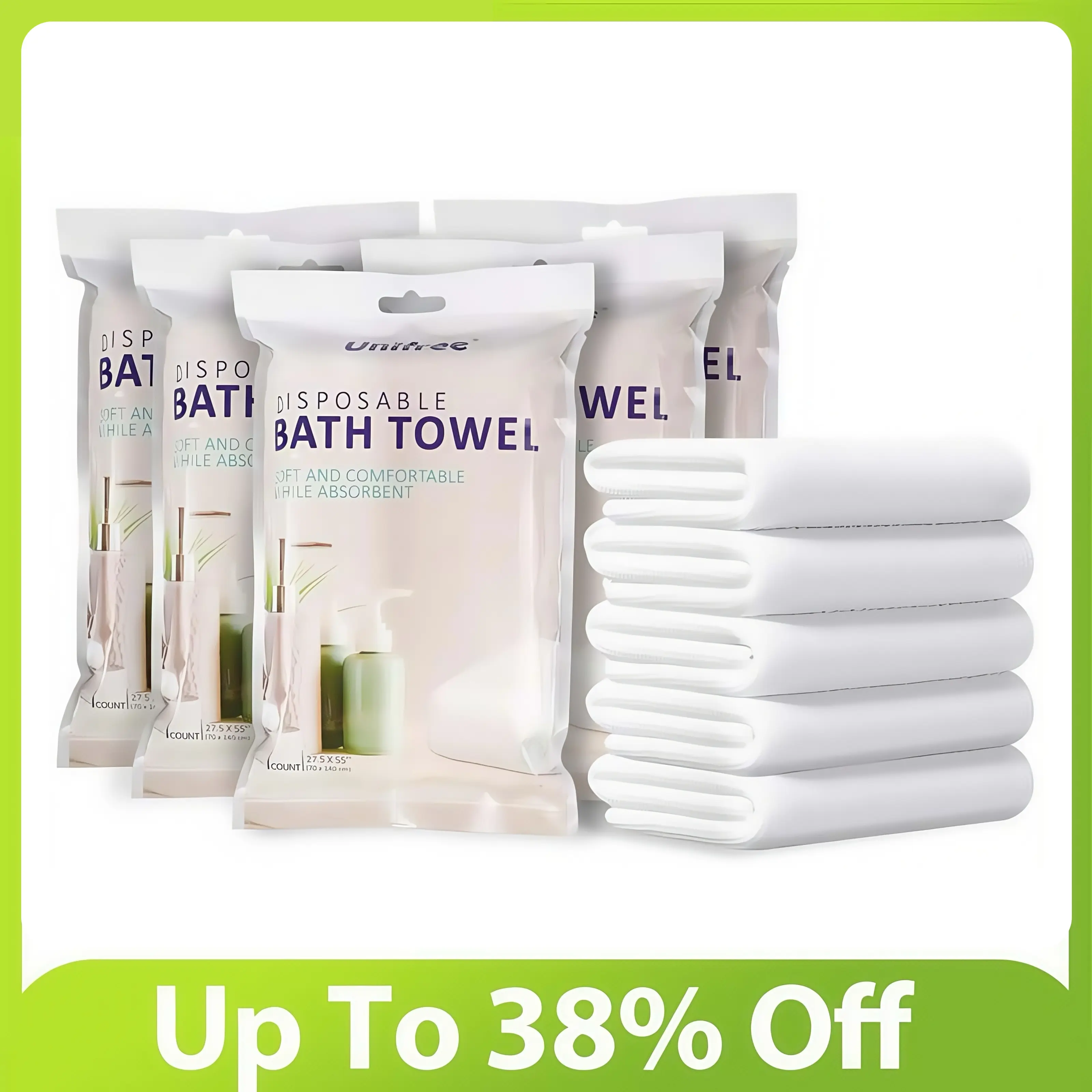 Unifree Disposable Large Bath Towels - Absorbent, Moisture-Wicking, Comfortable, Breathable, Multicolor, Thick Viscose Multipurpose Dry Wipes, Individually Packed (27.5"x55"), 5-20 Ct for Travel, Camp, Gym, Biodegradable