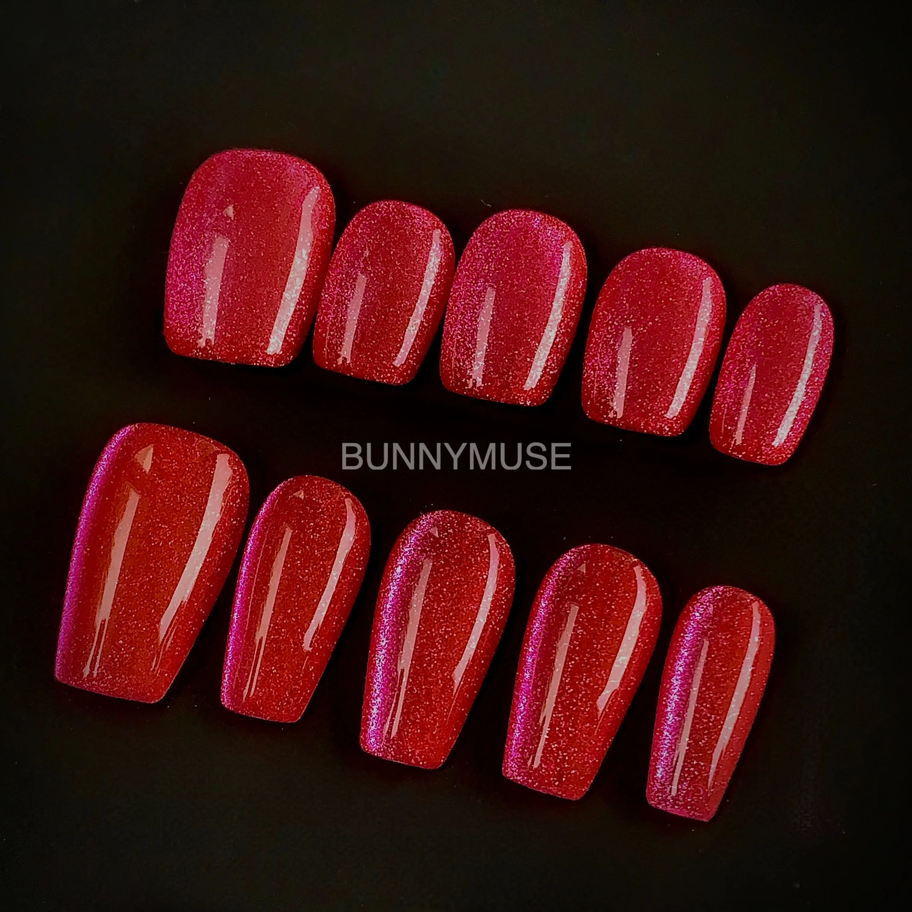 [BunnyMuse] Handmade Press on nails Magenta cateye |  short oval, fruit nail,  party nail,  french tip, short nail, almond nail, cute nail,  clean girl nail, vanilla girl nail, cherry nail, summer nail, sweet nail