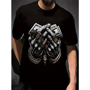 Men's Polyester 3D Digital Print T-Shirt with Dollar and Rings Graphic, Crew Neck, Slight Stretch, Casual Knit Fabric Tee Made in USA