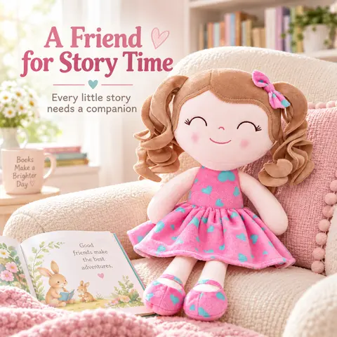 Gloveleya Soft Plush Heart Doll for Girls 0-6 Years, Cuddle Rag Dolls with Curly Hair, Ideal 1st Birthday Milestone Present, Christmas Morning Surprise & Stocking Stuffer, Aesthetic Nursery Room Decor