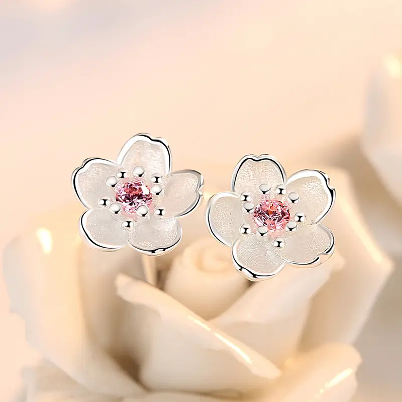 925 Sterling Silver Pink Purple Zircon Flower Small Stud Earrings For Women Wedding Elegant Luxury Jewelry Accessories