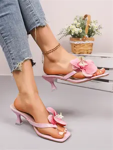 Summer new niche design flower square toe herringbone sandals for women with thin heels and flat feet, two in one sandals, fashionable and casual beach vacation beach shoes, Bohemian Trending Sandals