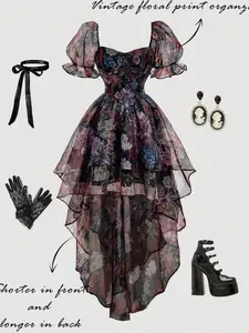 🌸 Women’s Floral Jacquard Puff Sleeve Dress – Cake Layered Ruffle Vintage Mini Dress, Romantic Garden Party & Spring Outfit ✨