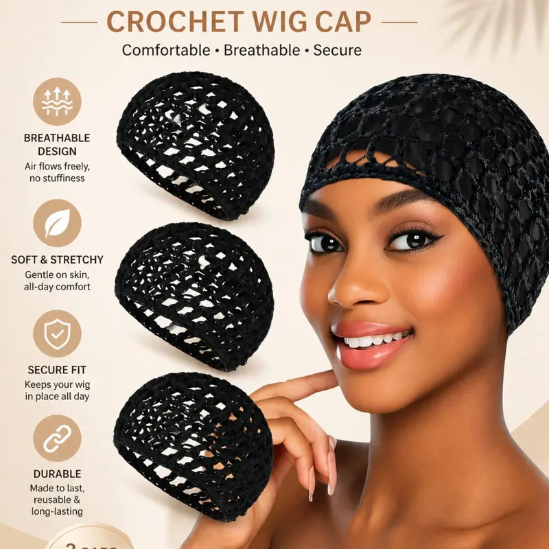 3 Counts Hollow Out Crochet Hair Net Caps, Stretchy Breathable Hair Wraps for Women, Ideal for Face Cleansing, Styling & Salon Use