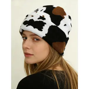 Unisex Cow Print Beanie with Fleece Lining Winter Warm Knitted Hat for Women Men Soft Cuffed Skull Cap