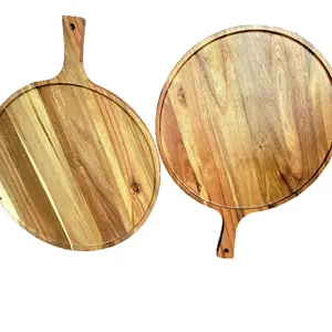 16” Thick Wood Pizza Serving Board with Handle and Raised Edge. Large Charcuterie Board, Round Pizza Peel, Pizza Paddle, Meat Serving Board.
