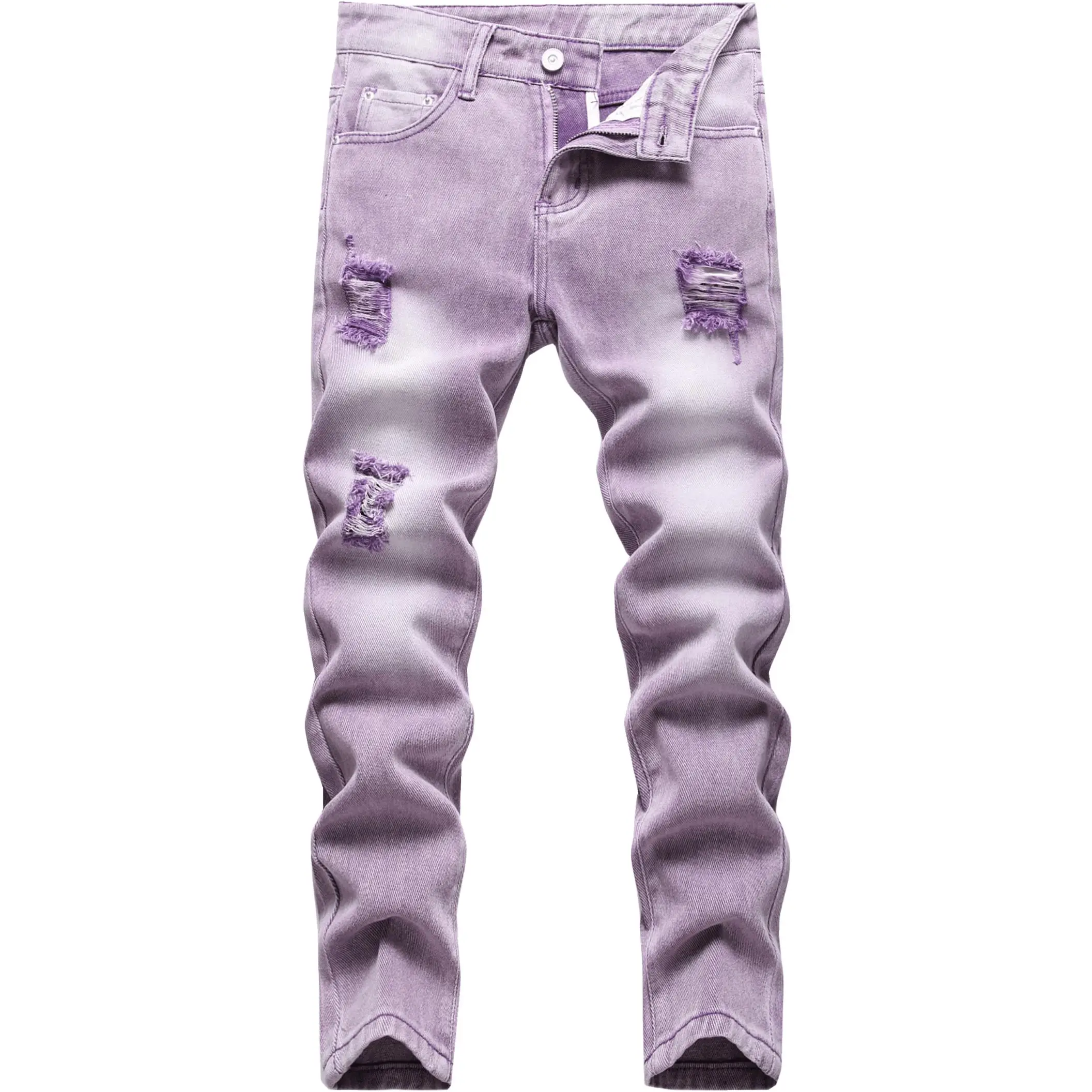 ​​Boy's Washed Solid Color Skinny Jeans - Fashion Ripped Distressed Destroyed Denim Pants​​