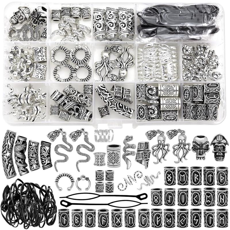 207 count  Hair  Nordic Runes Tube Beads,Accessories Kit for Braids Dreadlock Beard Locs,Metal Clips Cuff Rings,Braiding Beard Decoration Bracelets Pendant Necklace DIY