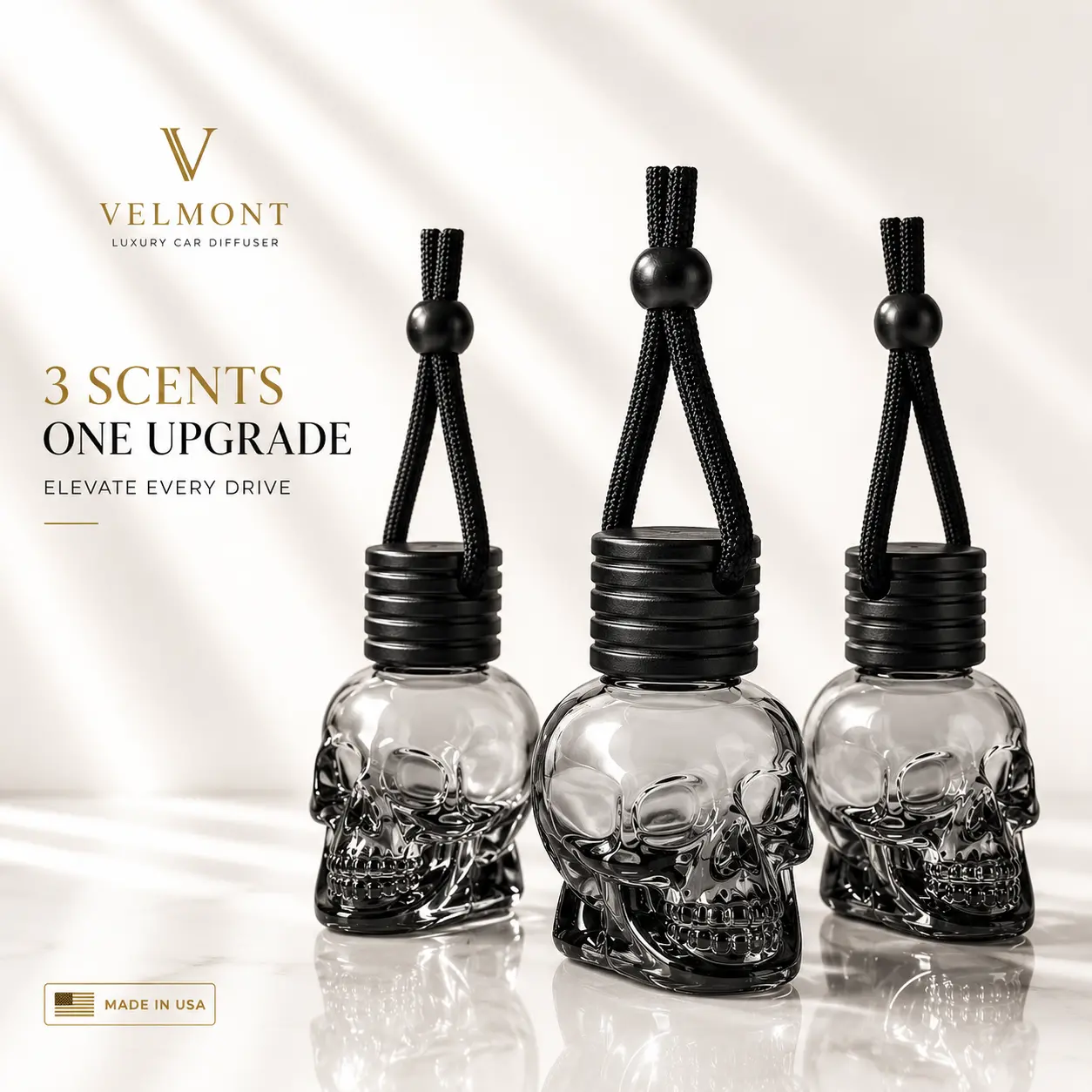 3-Pack VELMONT Discovery Bundle Black Skull Car Air Freshener – Premium Essential Oil-Infused Hanging Car Diffuser, Long-Lasting Luxury Fragrance & Odor Eliminator for Car Interior Accessories