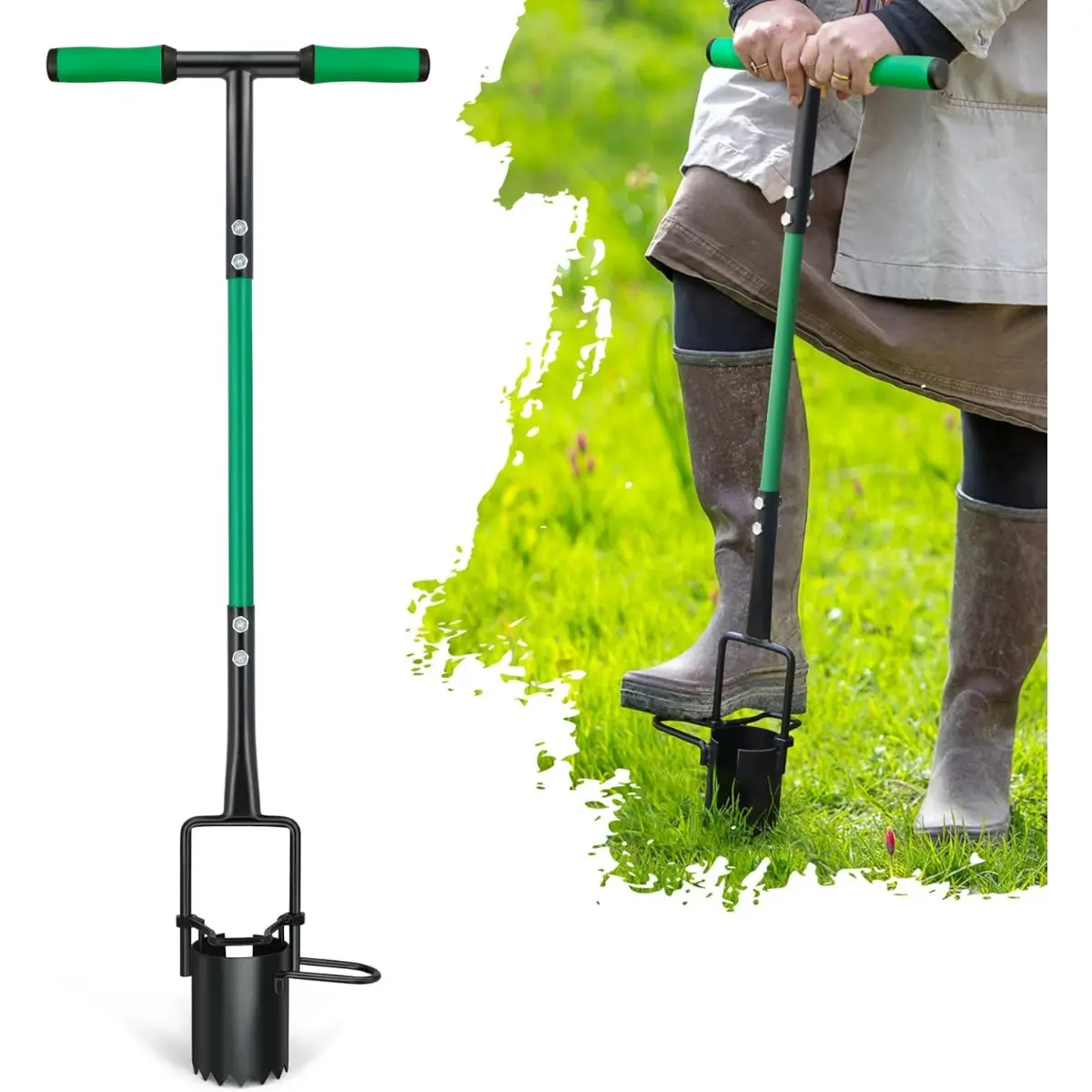 5-in-1 Lawn Plug Garden Tool-Updated Bulb Planter with Long Handle for Digging, Weeding, Soil Sampling, Transplanting, Sod Plugging. Use for Digging Holes to Plant Tulips, Iris, Daffodils