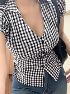 Stylish Minimalist Plaid Polo Shirt for Women, V Neck Button Design with Waist-Cinching Fit, Perfect for Daily Commute and Any Occasion