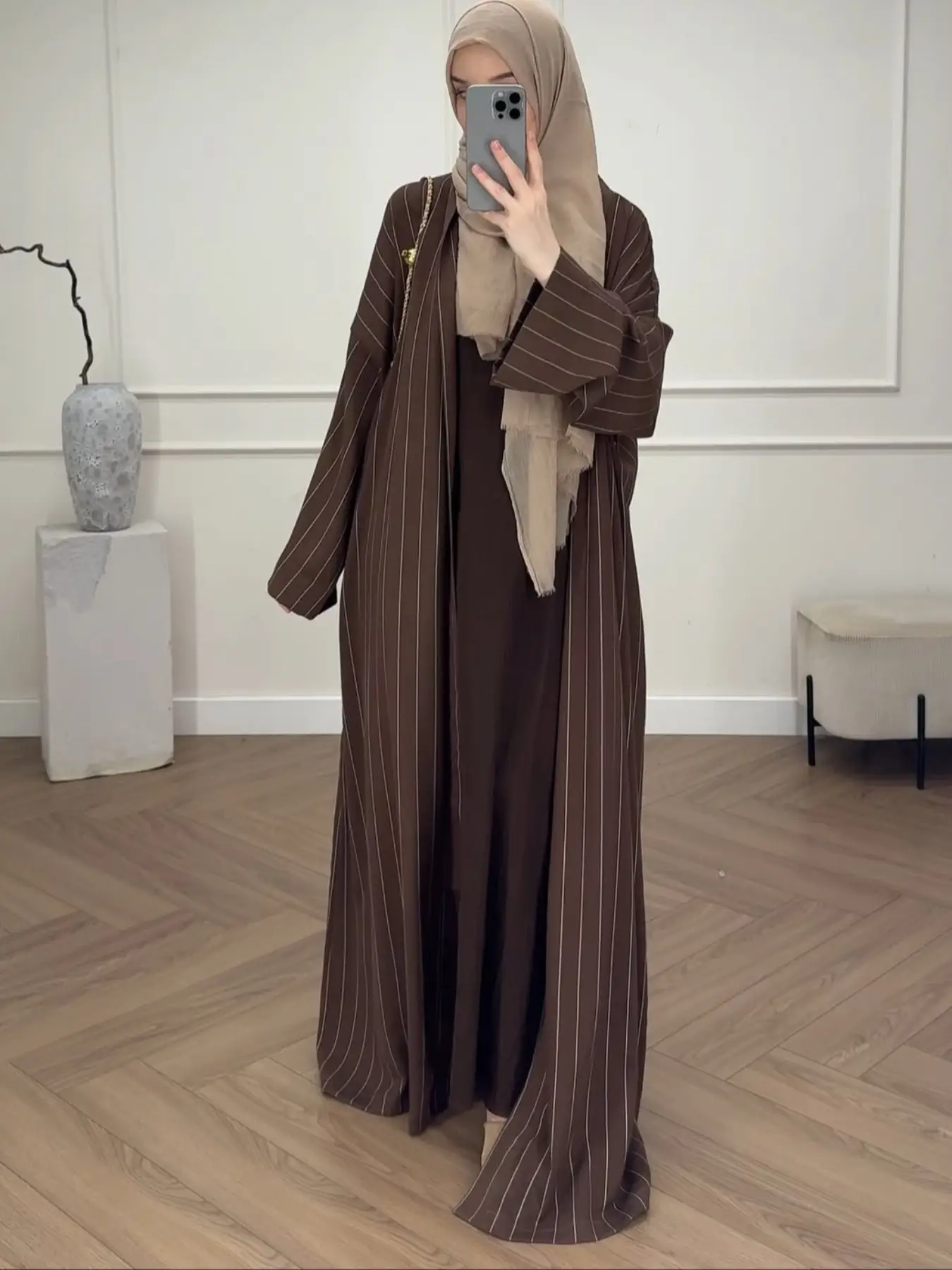 Elegant Long Sleeve Loose Striped Abaya Dress, Oversized Fit Woven Fabric, All Seasons Wearable, Plain Pattern Design
