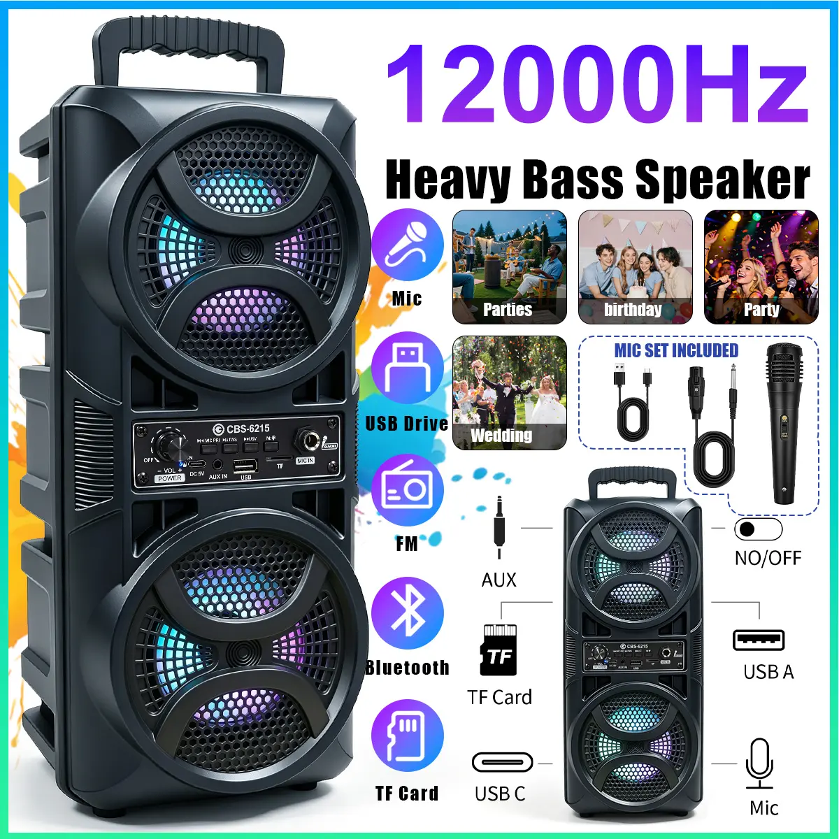 12000Hz Portable Bluetooth Speaker, Dual Speakers, TV Audio Use, RGB Light, 1200mAh Battery, USB TF Card Playback, Enhanced Bass & FM Radio, Perfect for Home Gathering, Indoor Entertainment, Nice Graduation Gift