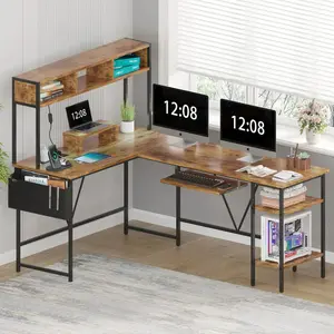 Furmax X L-Shape Office Desk Gaming Table with LED Lights Storage Rack Built-in Socket Computer Stand Organizer Pocket Keyboard Drawer