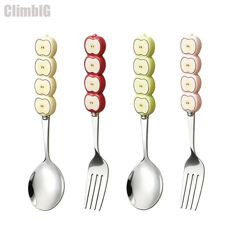 Rustic Sweet Kitchen Cutlery Set - Food Grade Ceramic-Handled Compact Spoons and Forks Set, Mirror-Polished Stainless Steel Dessert Utensils, Portable Travel Camp Kitchen Essential, Safe Durable Stylish Layered Fruit-Slice Design