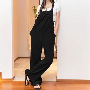 2025 Autumn New Solid Color Multi Pocket Women's Overalls Versatile Corduroy Jumpsuit Black Style Fashionable