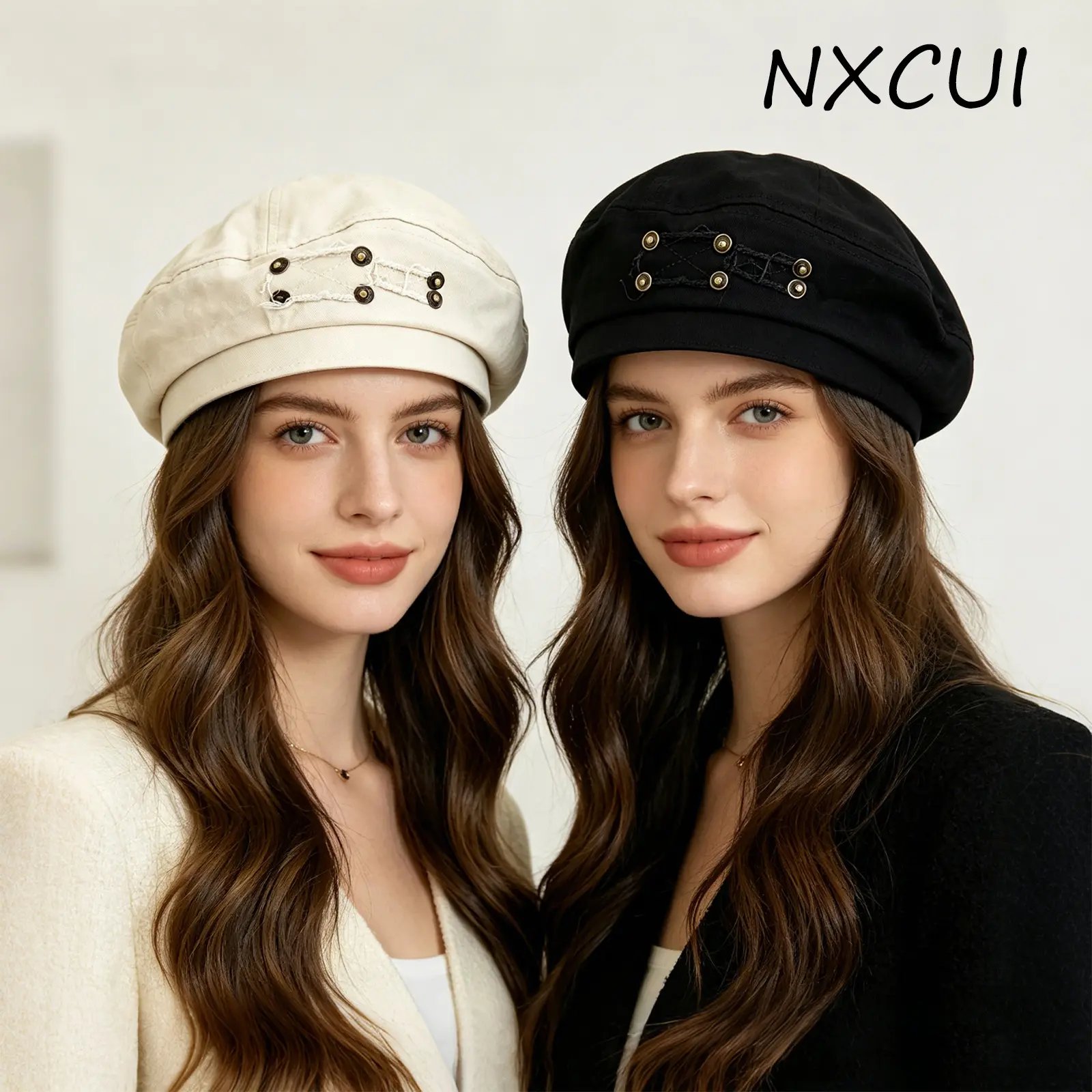 Vintage Washed Cotton Beret Hat for Women, Cross Criss Rivet Decor Adjustable Back Strap Soft Slouchy Painter Hat, Y2K Streetwear Casual Daily Retro Hat