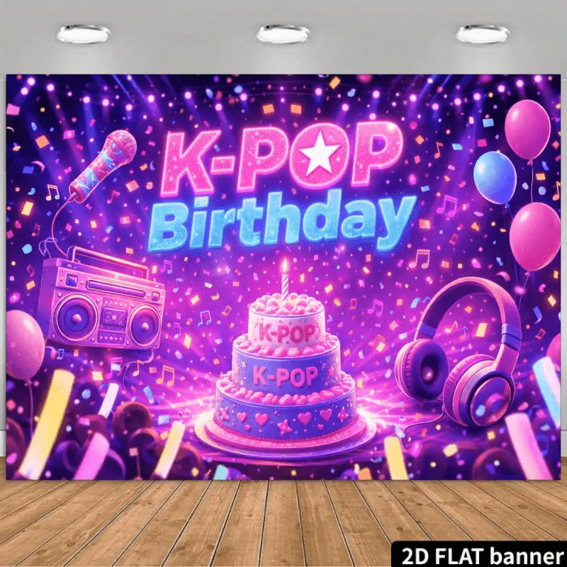 K-POP Birthday Party Backdrop, Aesthetic Korean Wave Wall Banner, Glow Stick & Cake Fan Celebration Decor, Event Photo Background