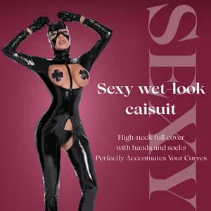 Full Bodysuit Jumpsuit with Glossy Satin Finish, Sleeveless And Wet Tights, Open Crotch And Chest, Ultra-Thin Soft Fabric, Includes Matching Mask, Gloves, And Leather Socks, Ideal for Cosplay, Lingerie Parties, Or Intimate Occasions