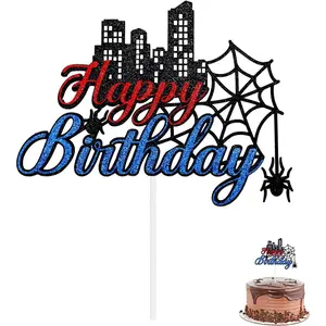 Cartoon Spider Birthday Cake Topper, Glitter Paper Cartoon Themed Happy Birthday Cupcake Topper Supplies Double-Sided Party Decoration for Boy & Girl