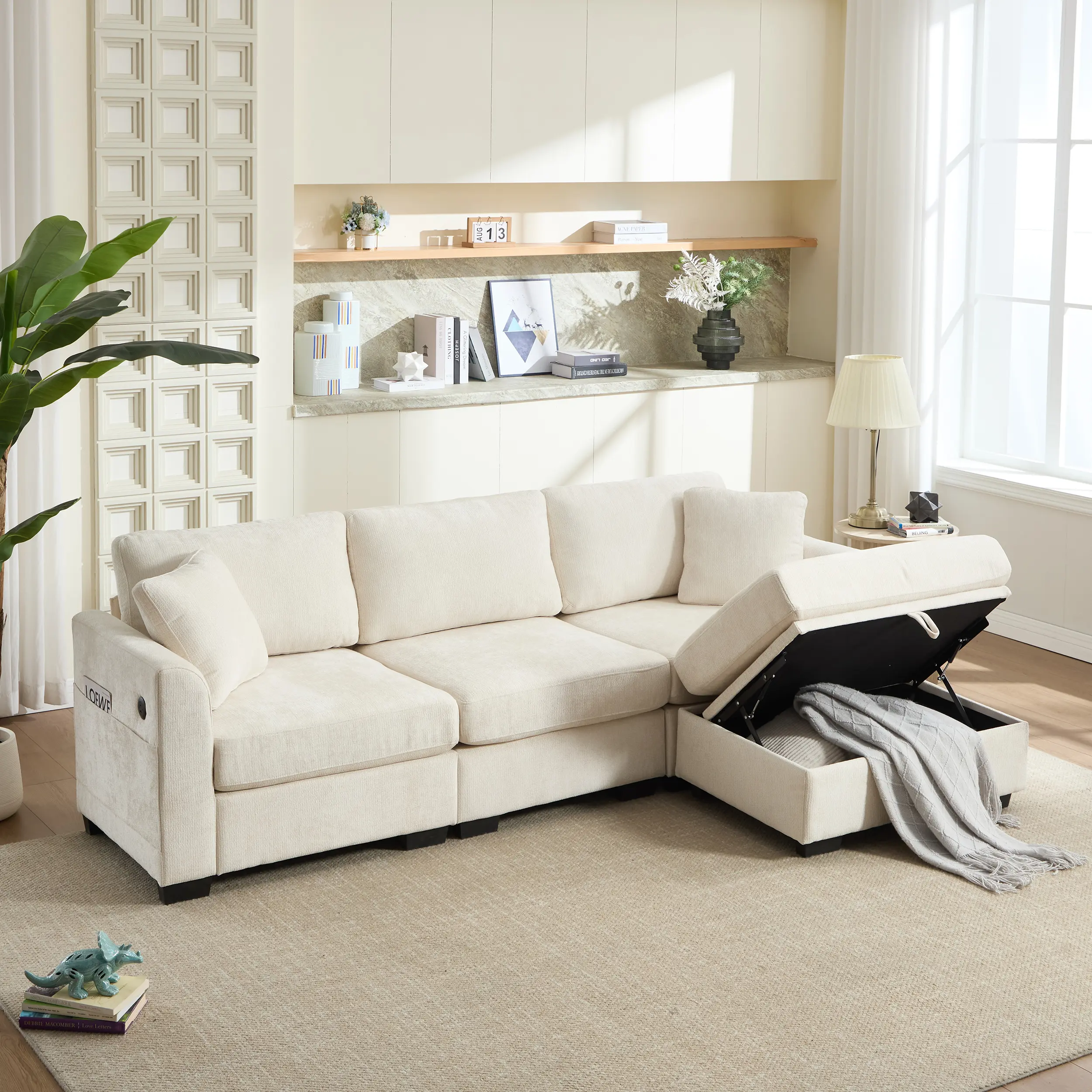 【Sub 2 packages】Niccae Modern Storage Sofa with Dual USB, 2 Side Pockets,Ottoman Storage Bench Cloud Sectional Chenille Sofa Oversized,4-Seat, L-Shaped Couch
