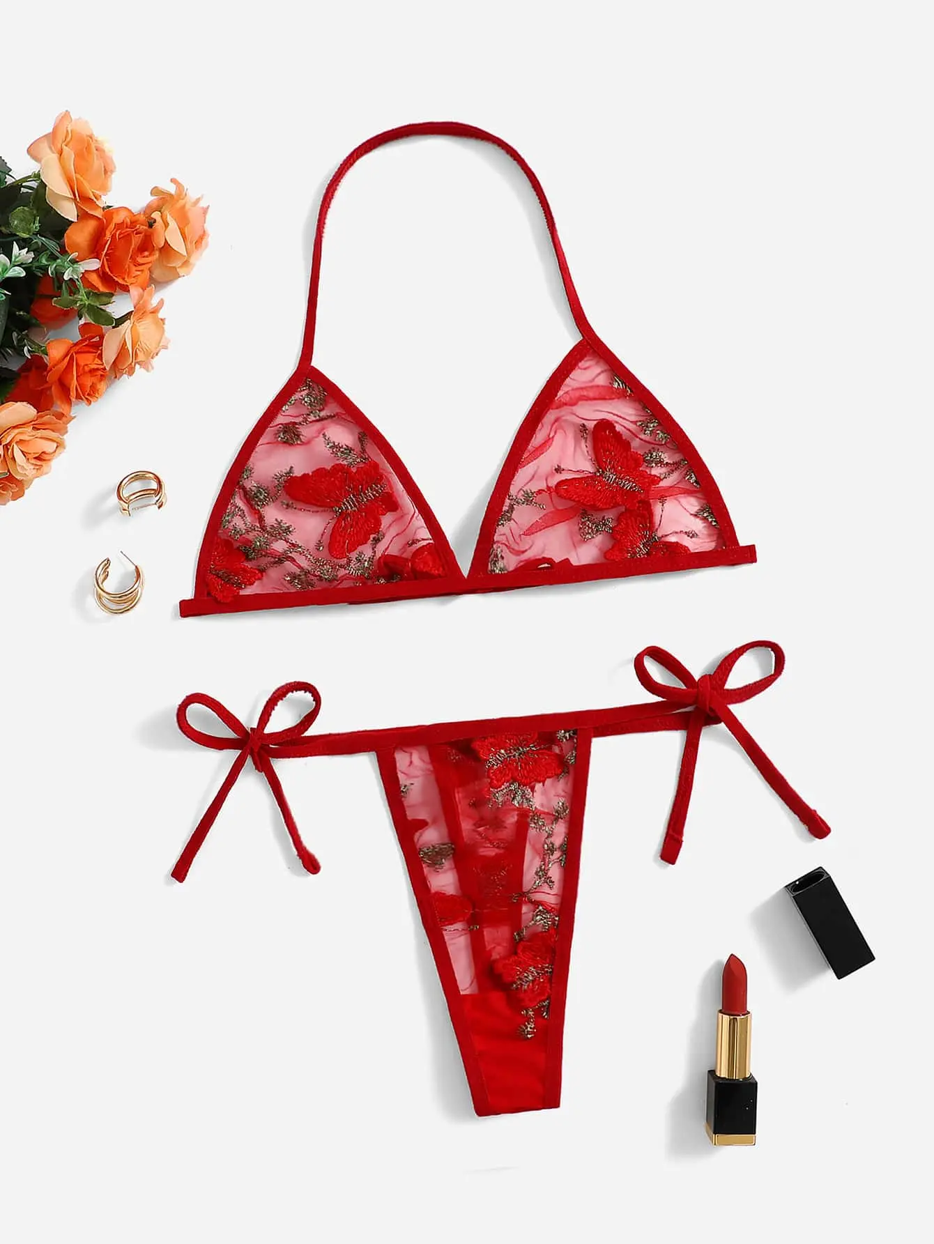 Embroidered Mesh Triangle Lingerie Set