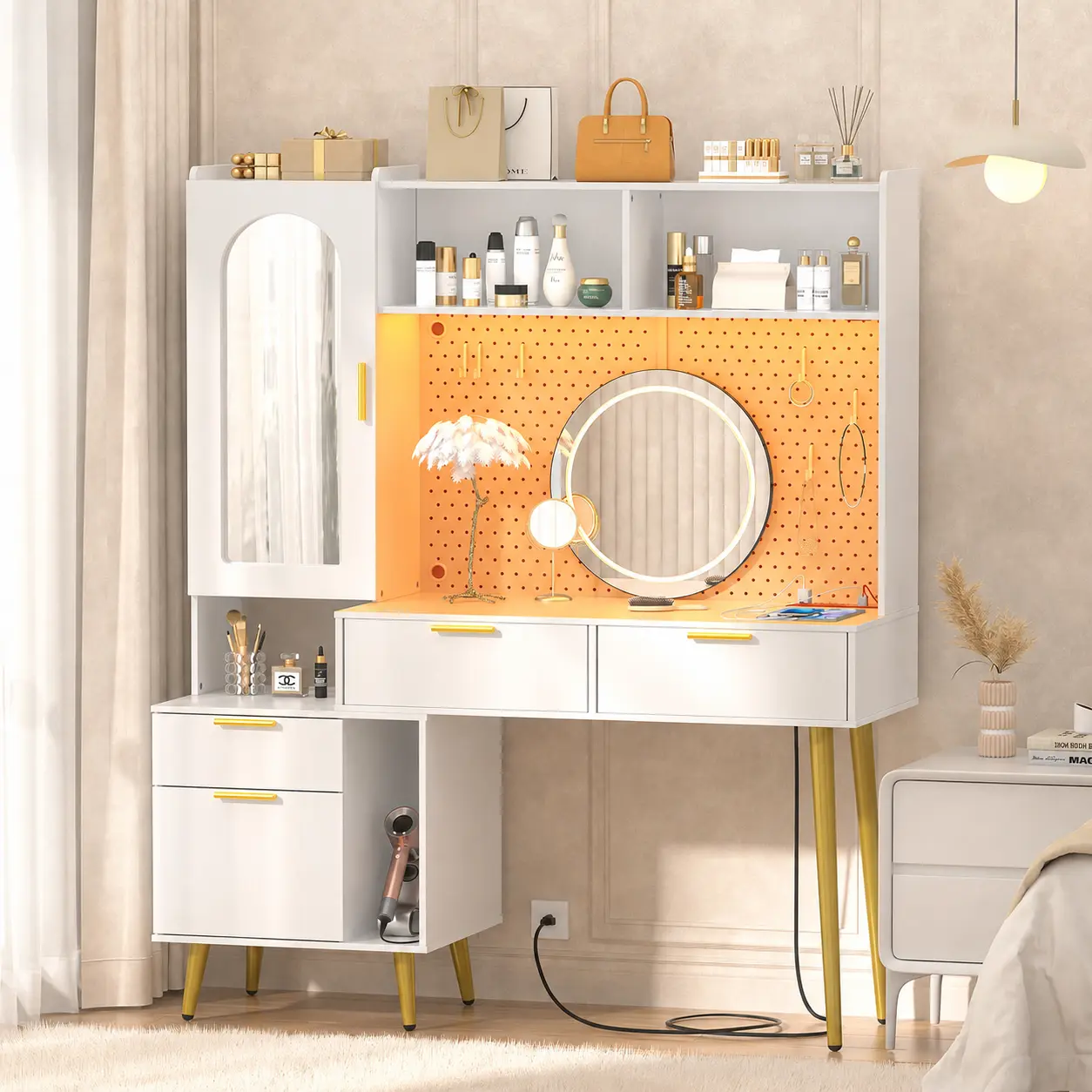Vanity Desk with Pegboard 48" Makeup Vanity Desk White   Vanity   table  with Full-length Mirror Power Outlet 5   Storage   Drawers RGB Lights Shelves Cabinet for Bedroom Office