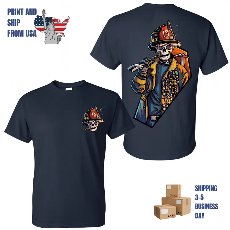 Grim Firefighter Skull Extinguishing Flames Graphic T-Shirt, Dual