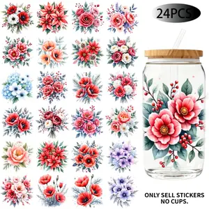 UV DTF Transfer Stickers, Vinyl Decal Sticker - 24 Pieces/Set, Sticker Adhesive Vinyl, Watercolor Floral Theme, UV DTF 16OZ DIY Transfer Stickers Suitable For 16-Ounce Water Bottles, Glass Bottles, Home Decor DIY, High-Adhesion Transfer Paper
