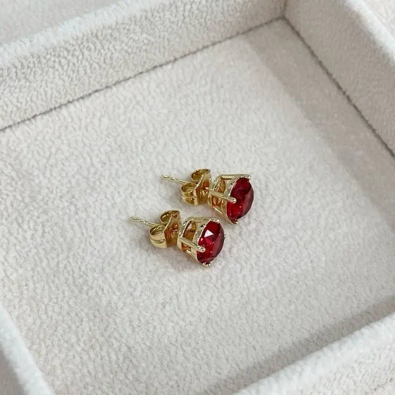 Red Stone #113 TT1 Gold Plated 14k Earrings - Simple Design Featuring a Red Stone and Gold Plating