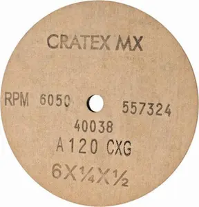 Cratex Type 1 Aluminum Oxide Surface Grinding Wheel - 6" Diameter, 1/4" Thick, 1/2" Hole Mount, 120 Fine Grit, No Recess, 6050 Max RPM, Model 40038